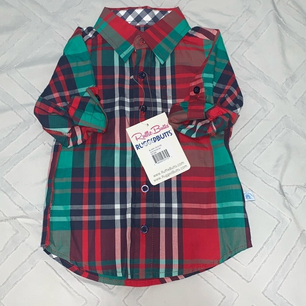 RuggedButts Kennedy Plaid Button Down Shirt Red Green Toddler 18-24M BLWPL18-KY0